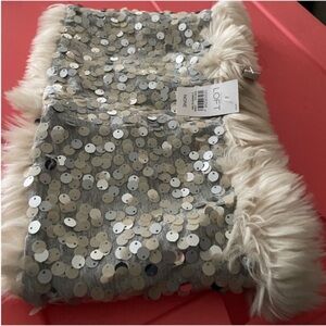 LOFT NWT Infinity Silver Sequin Scarf with Faux Fur